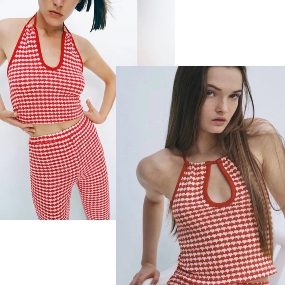 Zara red white printed knit halter crop top Sz M NWT - Picture 2 of 10